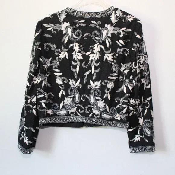 Vintage Laurence Kazar Silk Beaded Embroidered Blazer Jacket Black XL H13428 - Picture 6 of 12